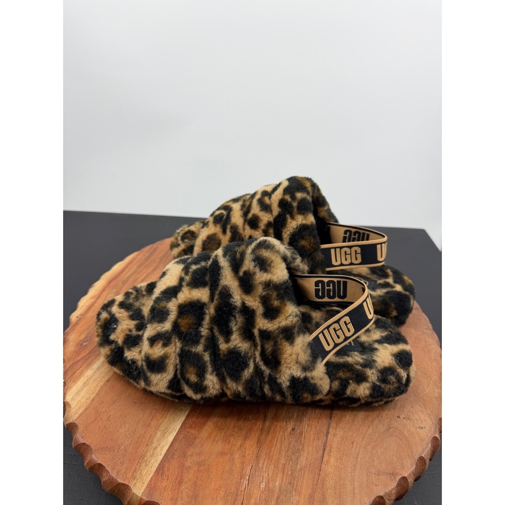 UGG Fluff Yeah Panther Print Slide Girl 5 Brown Leopard Slingback 1123640K